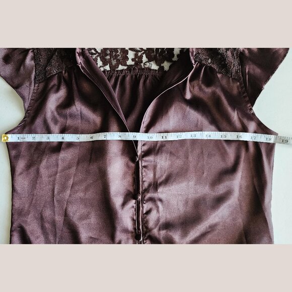 LOVE SQUARED Brown Satin Drawstring Button Blouse w/ Lace Detailing Top Shirt - Picture 8 of 9